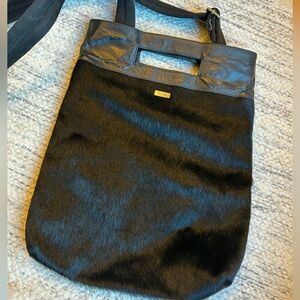 Fur and Leather Black Tote Bag with Comfortable Crossbody Strap
